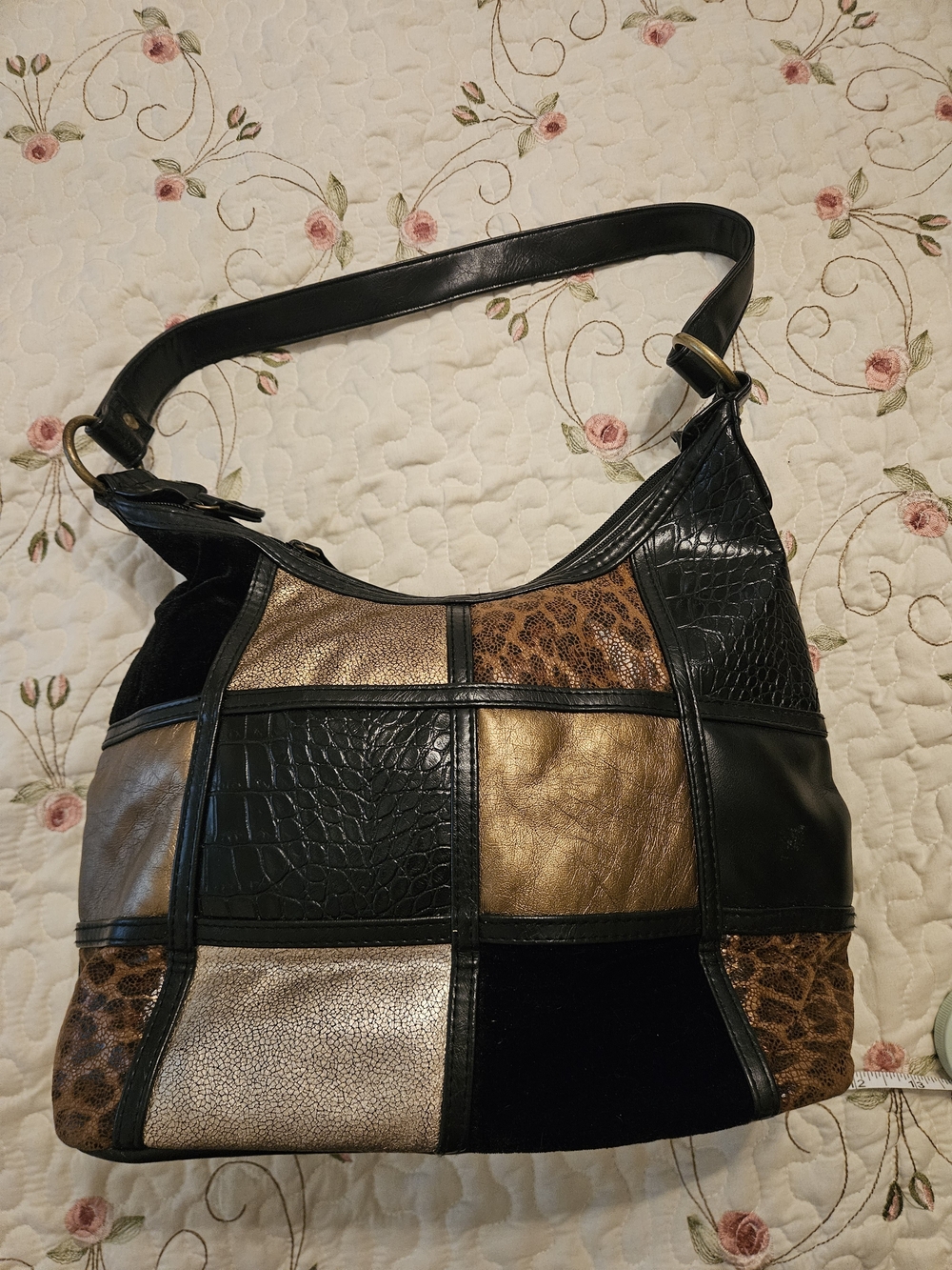 Patchwork Metallic & Animal-Print Hobo Shoulder Bag - Black & Gold